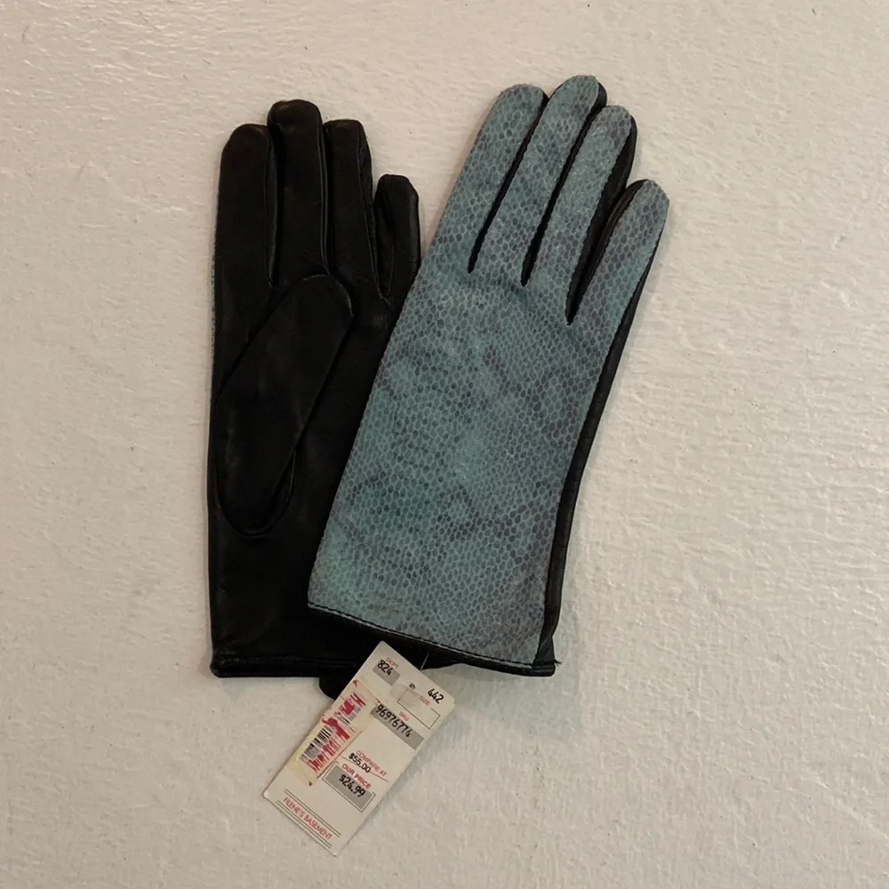 Leather Gloves Teal Blue Snake Animal Print Size M